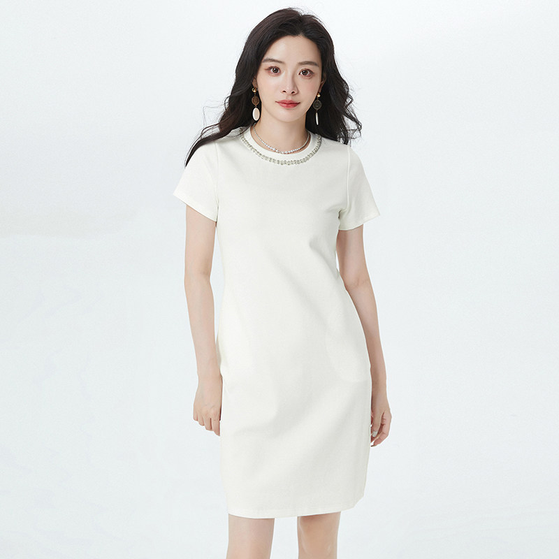 Outlets专柜撤柜正品 南油N系列夏装新款钉珠圆领棉质中裙连衣裙