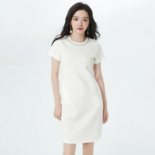 钉珠圆领棉质连衣裙女