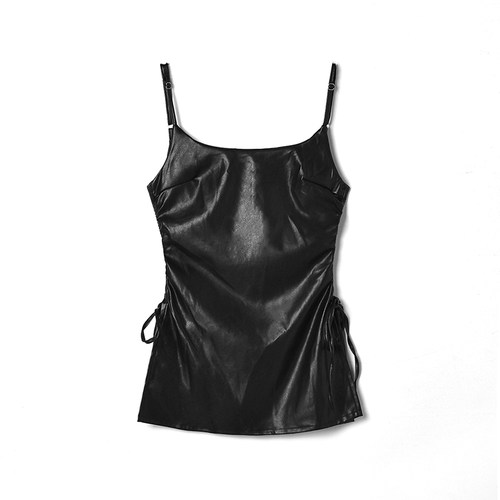 吊带上衣套头PU皮衣外套