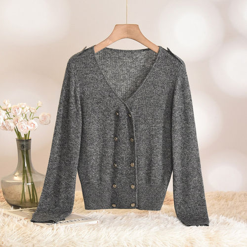 双排扣V领羊毛纯色毛衣