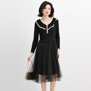 减龄长袖 奥莱专柜撤柜正品 针织拼接修身 新款 连衣裙 汉货精品HH冬装