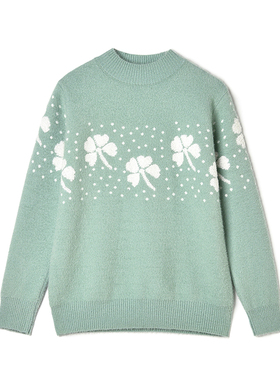 奥莱专柜正品 MO冬装2025新款 拼色图案长袖上衣减龄款打底毛衣女