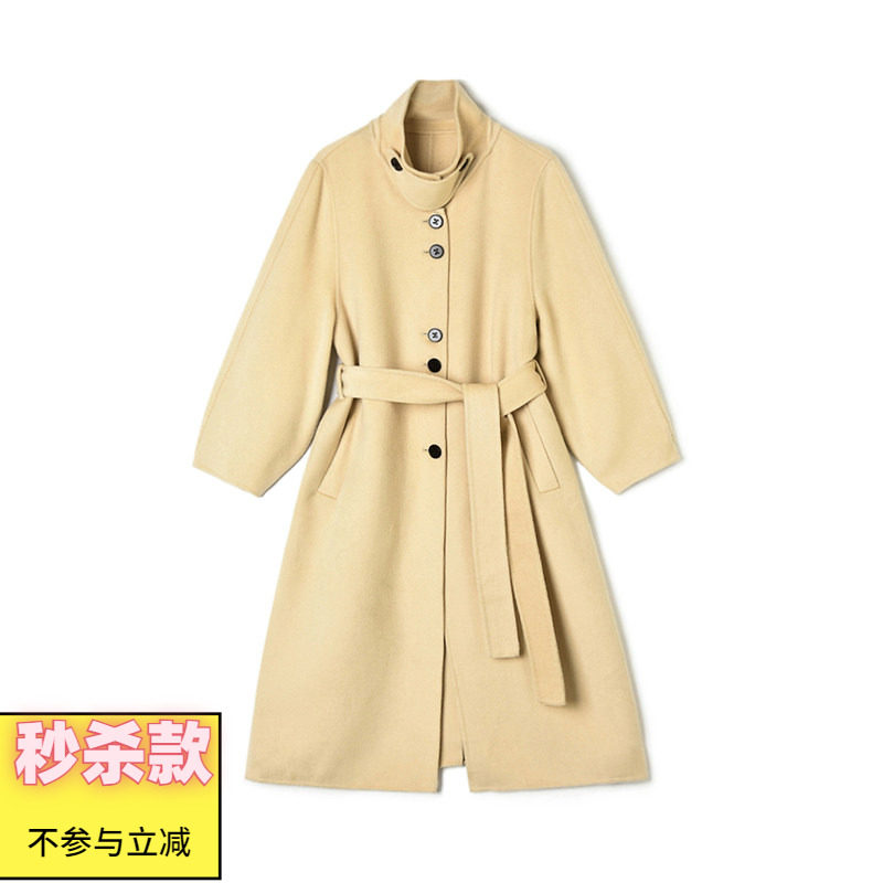 2025年冬Outlets正品 高端HE系列含羊毛立领双面尼毛呢外套大衣女