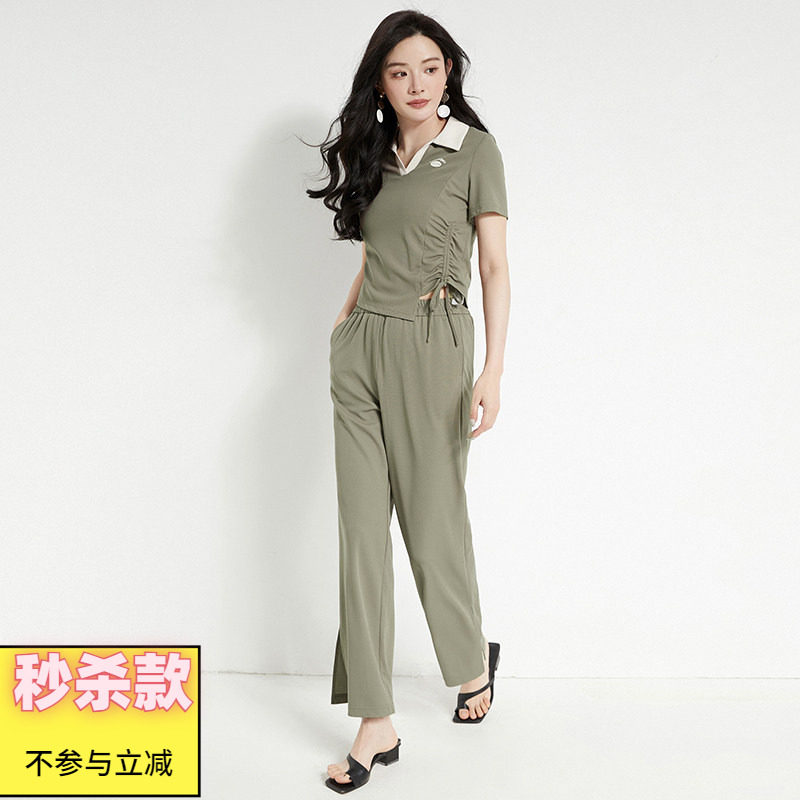 2025年夏装Outlets专柜 QH系列 拼色翻领上衣+垂感长裤两件套装女