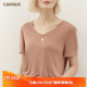 新款 Outlets品牌折扣 卡恩希夏装 宽松莫代尔V领BF风休闲纯色T恤女