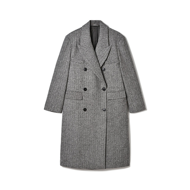 加长款双排扣毛呢外套大衣