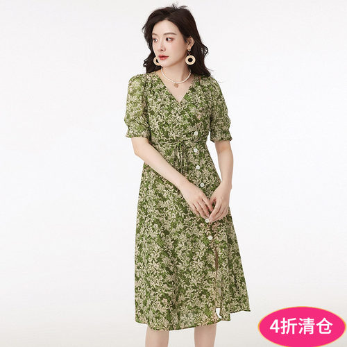 气质V领拼色印花连衣裙