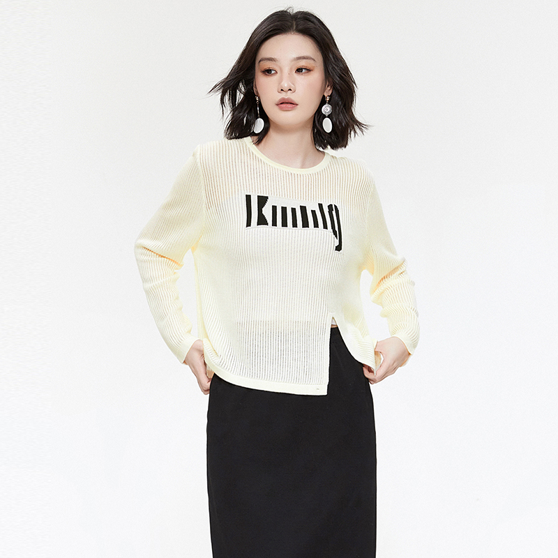 长袖上衣开叉微弹针织衫