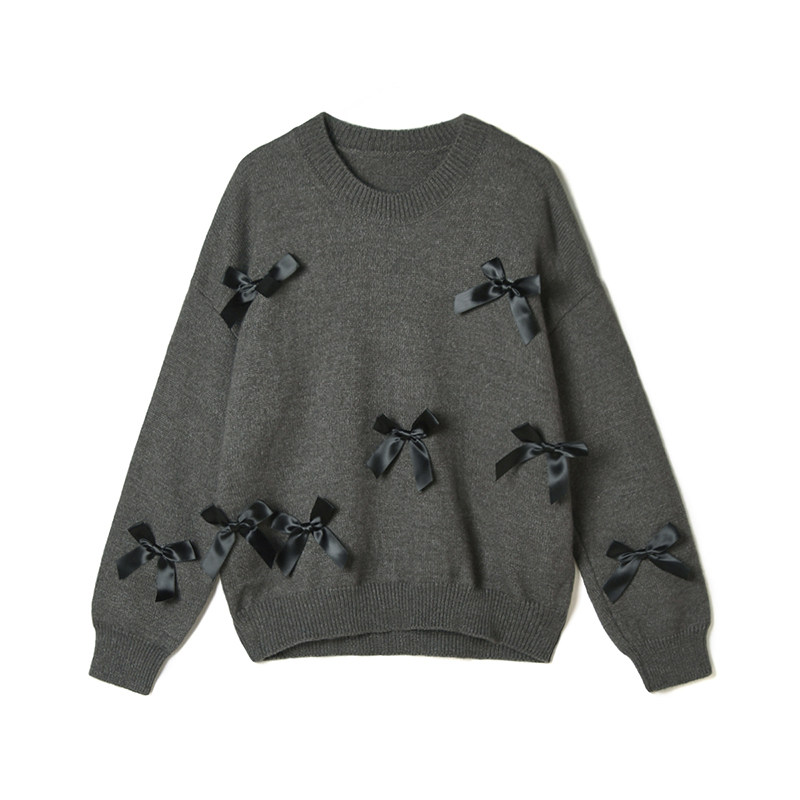 蝴蝶结外穿上衣微弹长袖毛衣