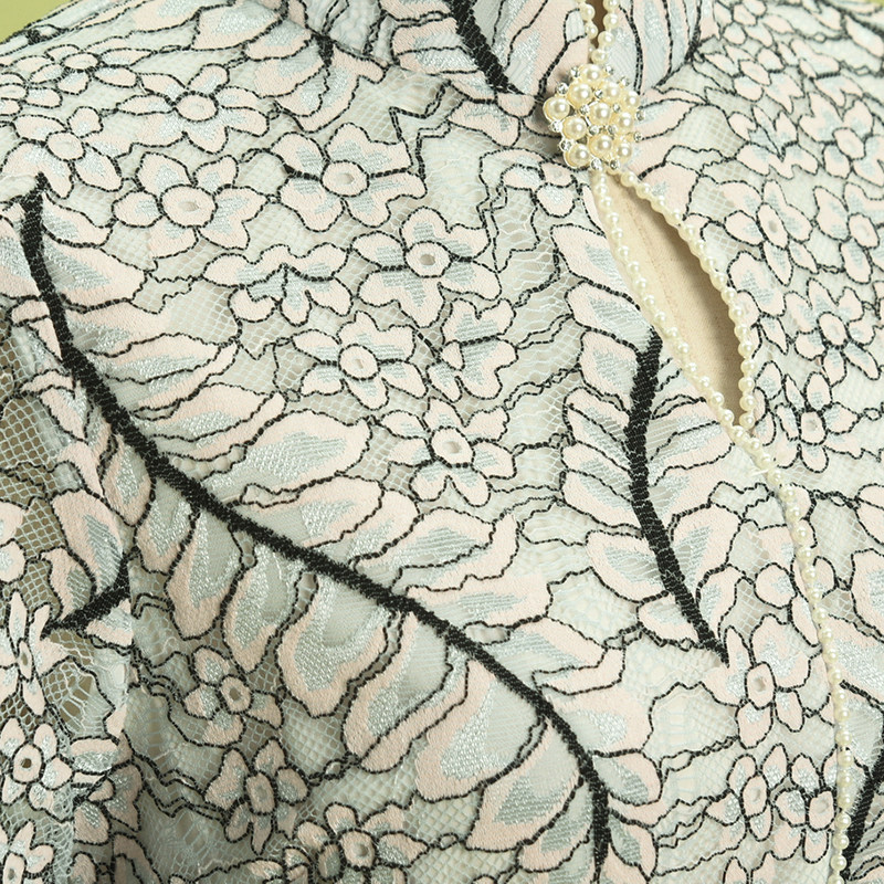 2024 여름 아울렛 QP 시리즈 새로운 중국식 5부 소매 스커트 진주 장식 치파오