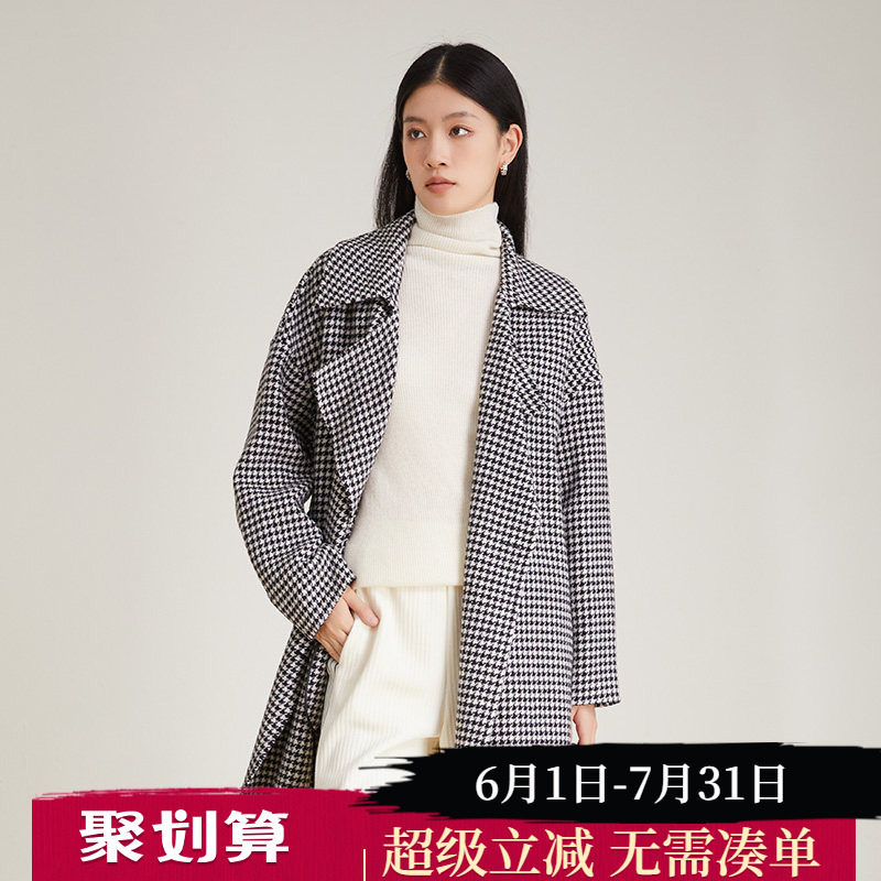 SOMSOM/索玛千鸟格外套女秋冬时尚黑白格子宽松复古中长款呢大衣