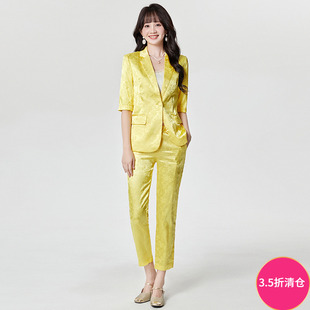 奥特莱斯品牌折扣 GW夏装新款五分袖时尚外套+长裤西装两件套装女