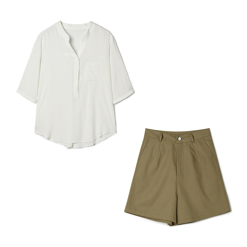 七分袖衬衫+高腰短裤两件套装