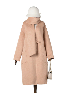 Outlets撤柜正品 HE冬装新款围巾设计双面尼毛呢外套含羊毛大衣女