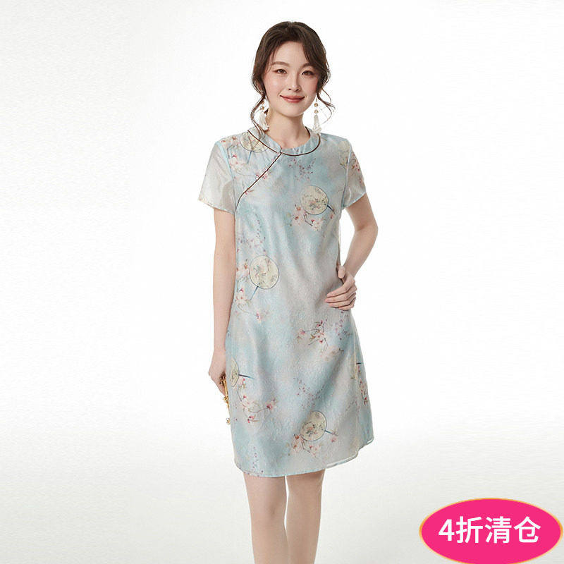 Outlets专柜撤柜正品 南油N系列夏装新款宽松印花短袖中裙连衣裙
