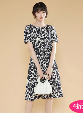 奥莱专柜撤柜正品 精品汉货HH夏装新款 棉质印花淑女中长裙连衣裙