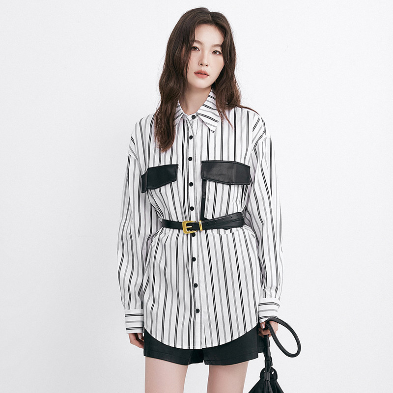 2025年秋装Outlets专柜 RU系列拼色竖条纹上衣宽松遮肉长袖衬衫女,女装/女士精品,衬衫,淘宝优惠券,粉丝福利购,淘宝优惠卷