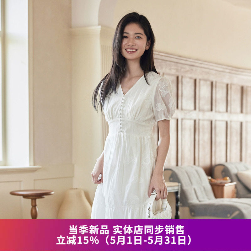 SOMSOM索玛2026夏装新款 纯色刺绣V领泡泡袖通勤度假风中长连衣裙
