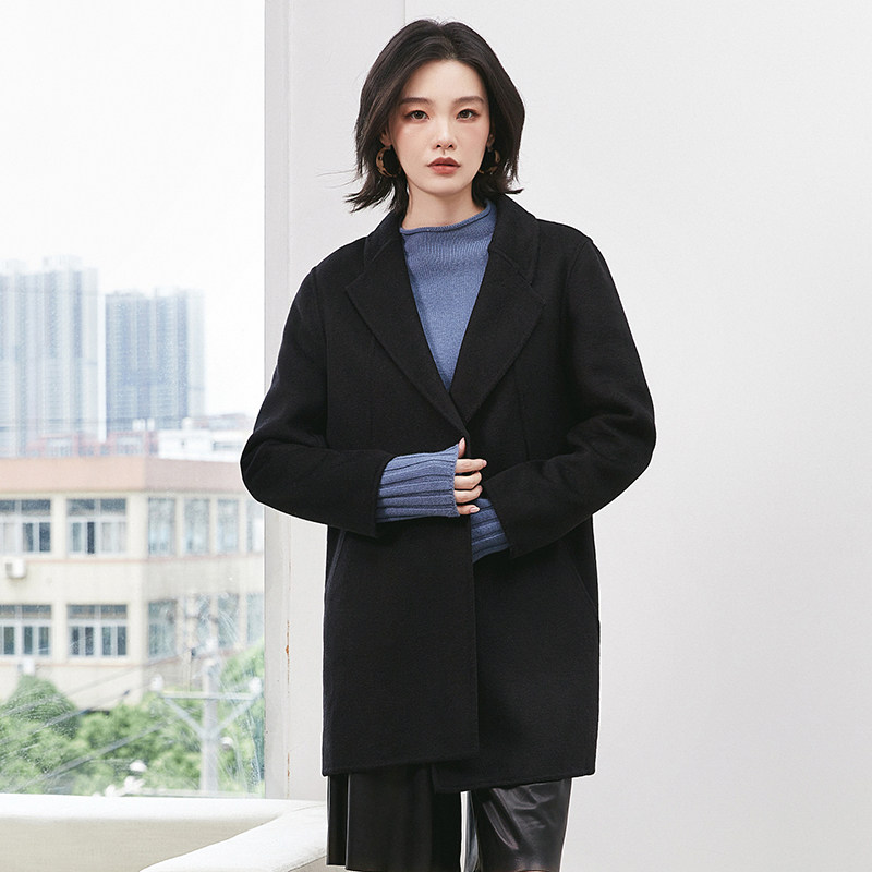 奥莱专柜正品 HE冬装2025新款 含羊毛一粒扣双面尼毛呢外套大衣女