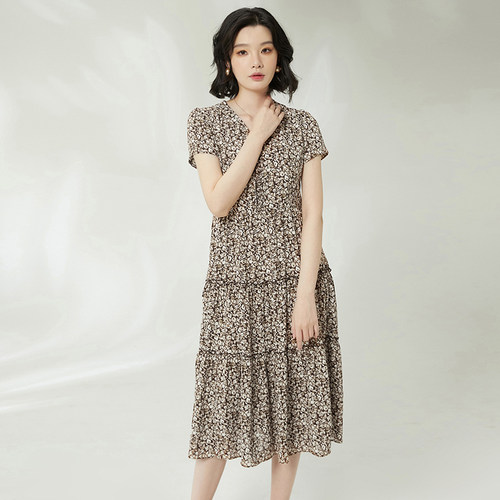 短袖碎花中长连衣裙女