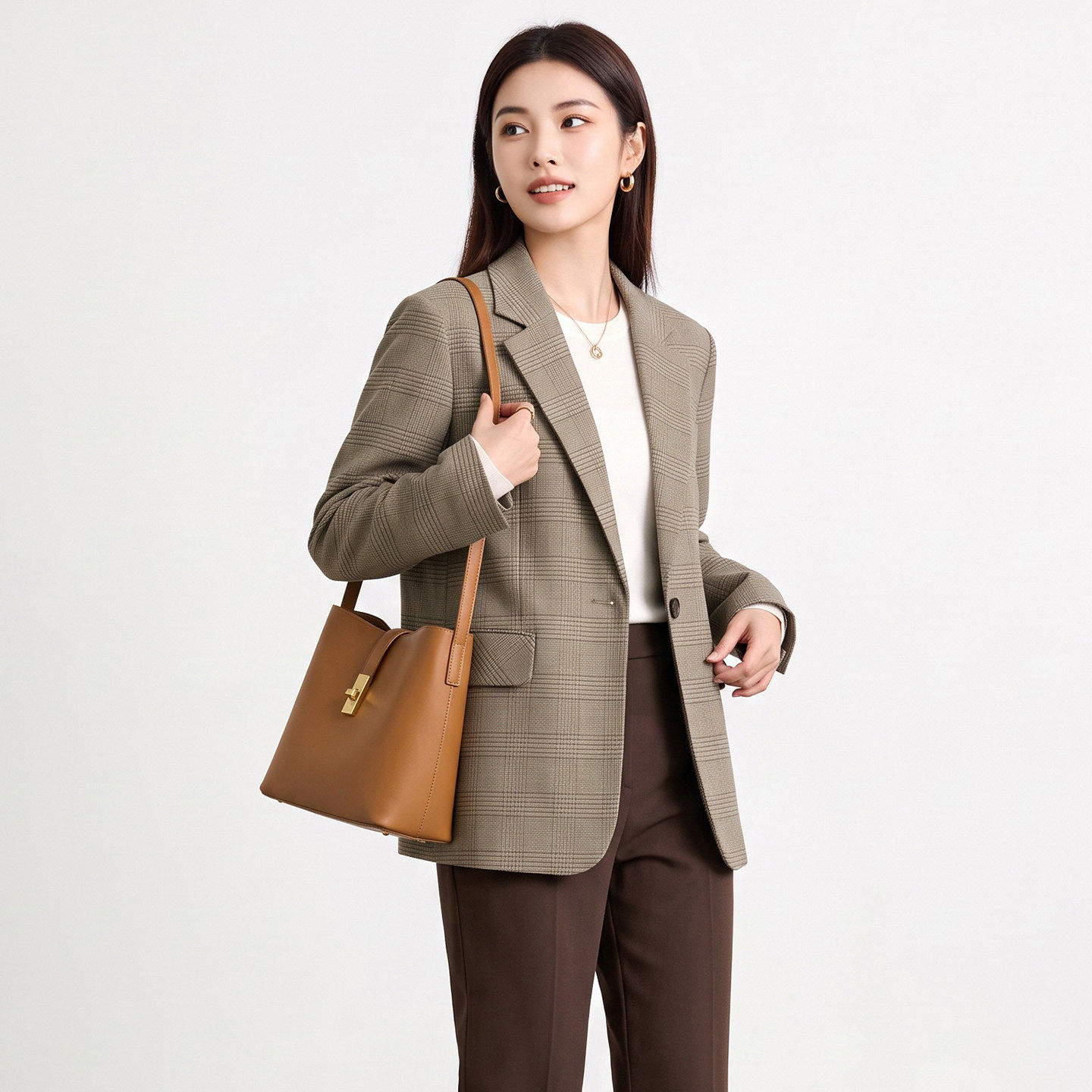 2026年秋Outlets正品 高端MT系列复古格纹中长款一粒扣西装外套女