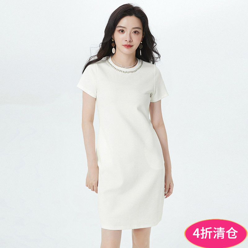Outlets专柜撤柜正品 南油N系列夏装新款钉珠圆领棉质中裙连衣裙