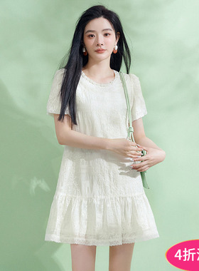 Outlets专柜撤柜正品 HH夏装2025新款珍珠点缀减龄圆领短裙连衣裙