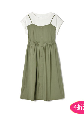 2025年夏装Outlets专柜 高端BP系列拼色假两件中长裙蝙蝠袖连衣裙