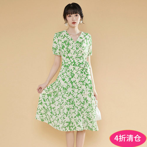 清新碎花中长连衣裙女