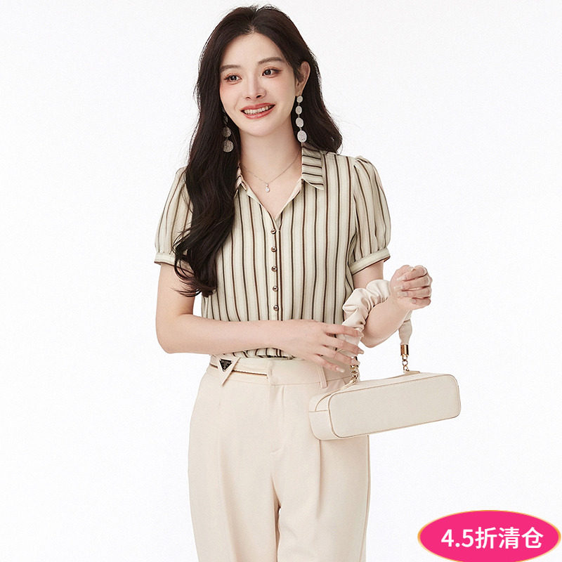2025年夏Outlets专柜正品 高端HF系列职业高级感竖条纹短袖衬衫女