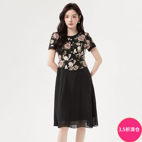 素雅印花简约中长连衣裙
