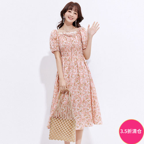 碎花松紧腰中长连衣裙