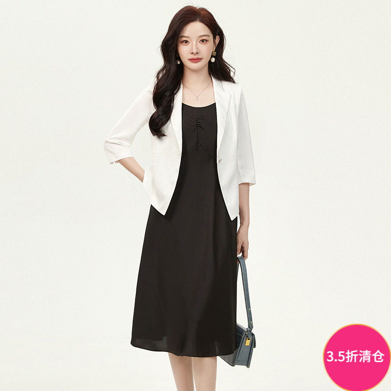 Outlets专柜撤柜正品 ZK秋装新款 七分袖外套+吊带中长裙两件套装