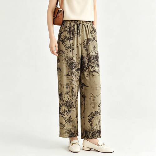 印花松紧腰直筒裤休闲裤