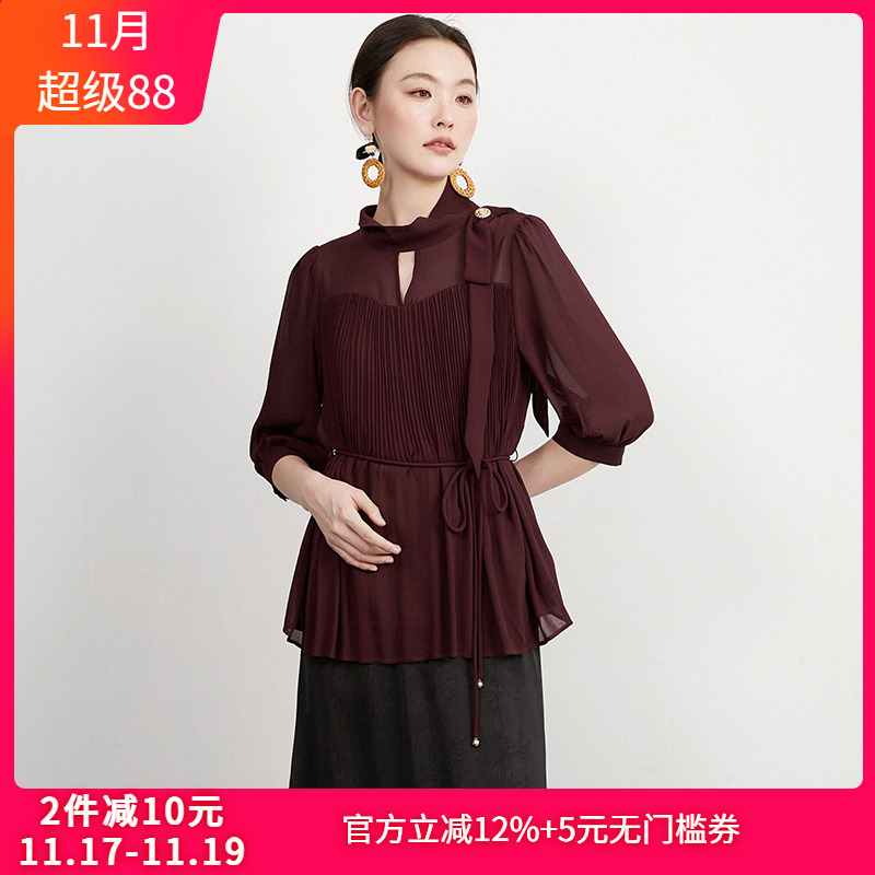 宽松上衣七分袖纯色雪纺衫