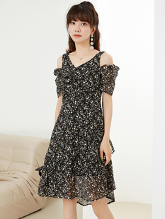 Outlets品牌折扣店 优雅知性碎花裙V领显瘦气质连衣裙 DX夏装 新款