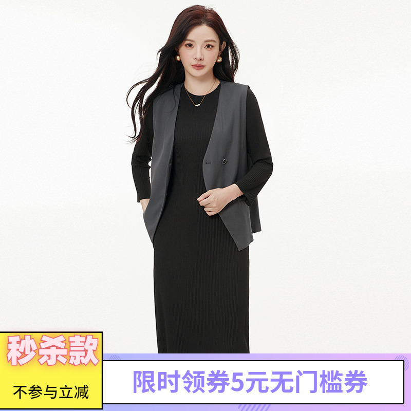 马甲+长袖中长裙两件套装