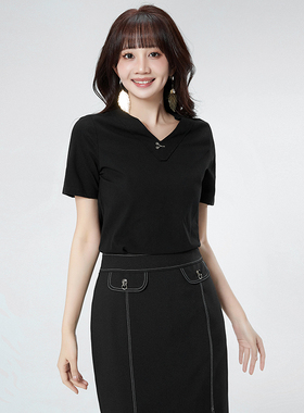 奥莱专柜品牌撤柜正品 DS夏装2025新款 气质V领短袖微弹显瘦T恤女