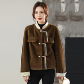 DR系列国风拼接长袖 2025年冬装 Outlets专柜 黄金绒大衣毛呢外套女