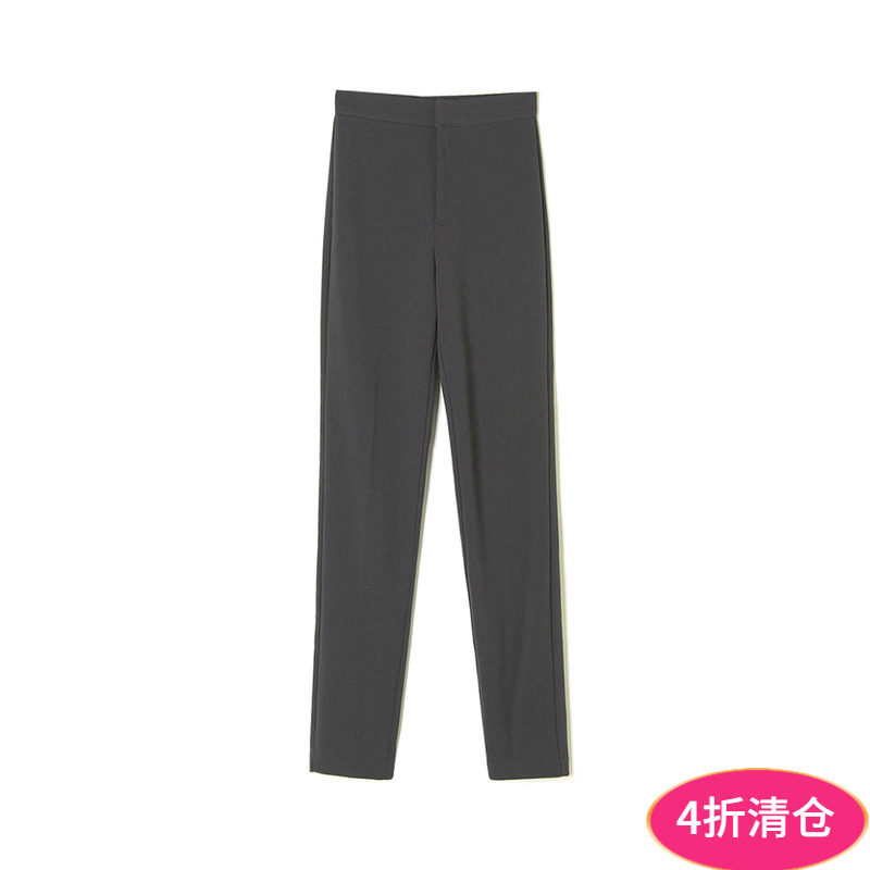 钩扣修身纯色长裤休闲裤