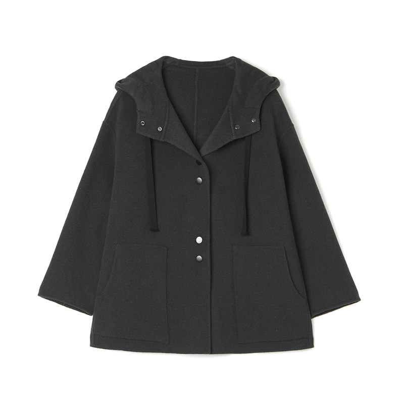 Outlets撤柜正品 HE冬装新款含羊毛休闲连帽双面尼毛呢外套大衣女