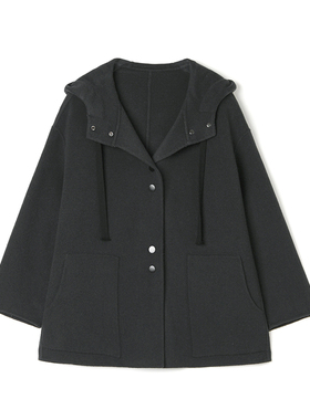 Outlets撤柜正品 HE冬装新款含羊毛休闲连帽双面尼毛呢外套大衣女