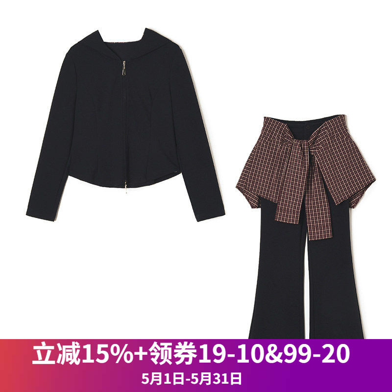 奥莱专柜正品 A系列春装新款 拼接连帽上衣+屁帘微喇裤两件套装女
