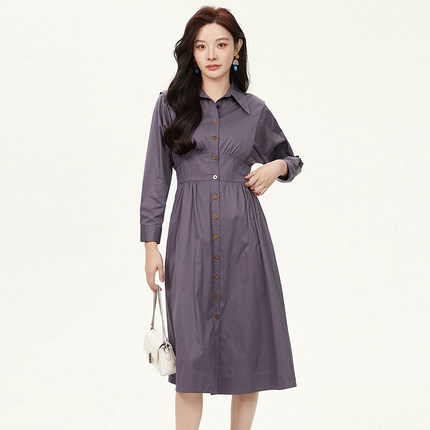 奥莱专柜品牌撤柜正品 ZK秋装2025新款 蝙蝠袖中长裙单排扣连衣裙