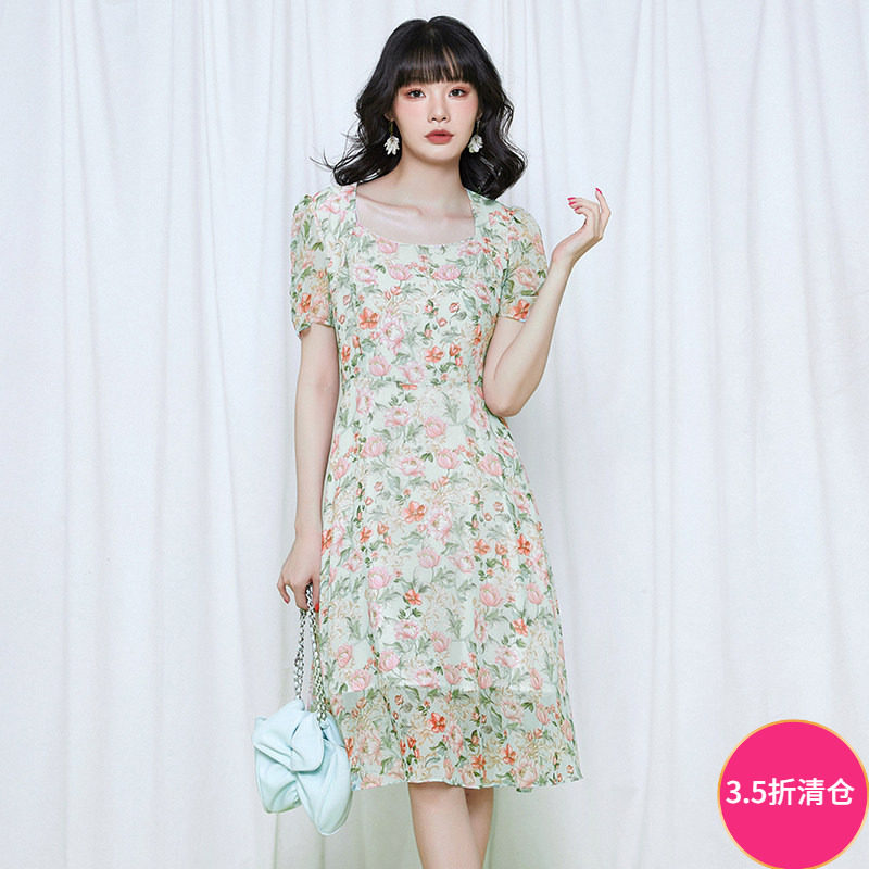 Outlets专柜品牌撤柜正品 N系列夏装新款 雅致花卉方领中裙连衣裙