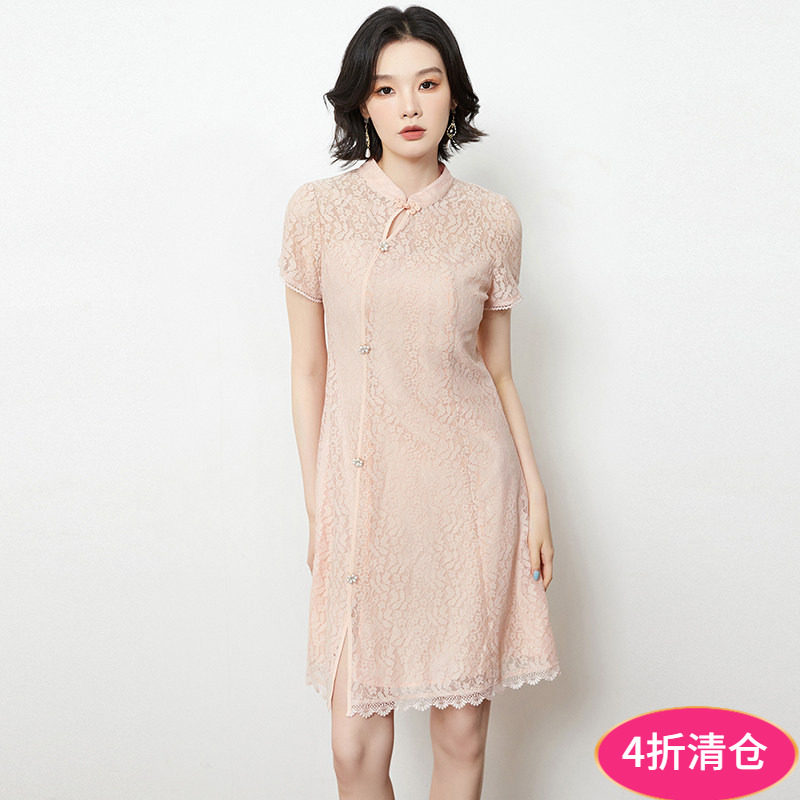奥莱专柜品牌撤柜正品 ZU夏装2025新款 新中式立领中裙蕾丝连衣裙