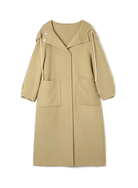 Outlets撤柜正品 HE冬装新款含澳毛连帽宽松双面尼毛呢外套大衣女