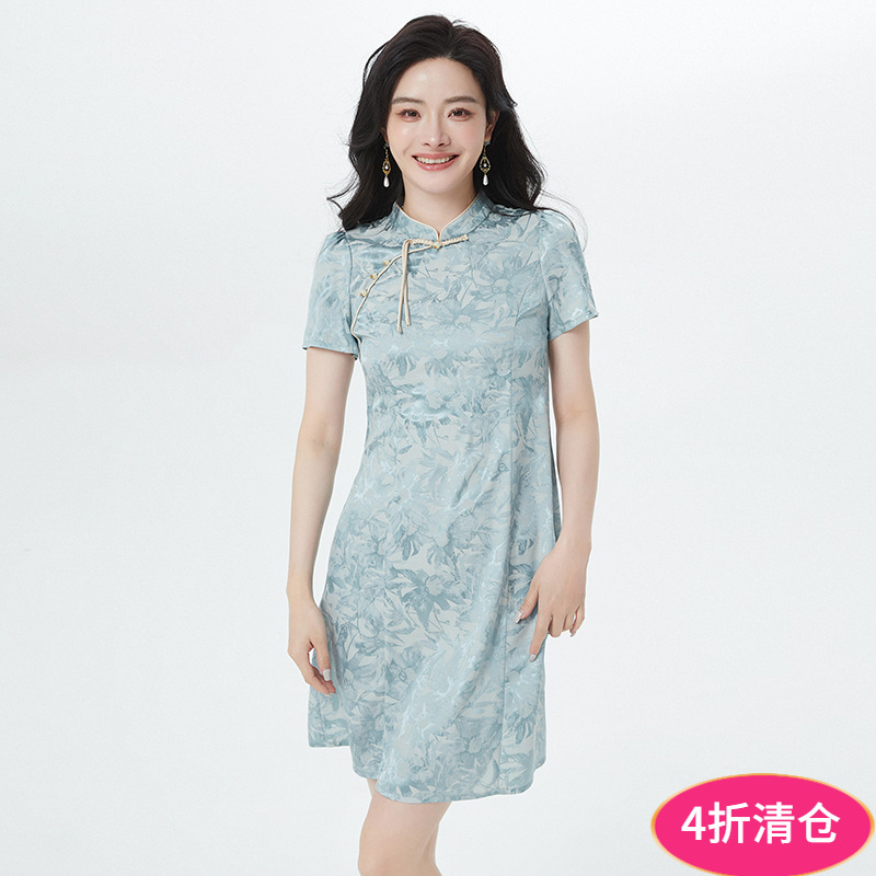 提花中裙新中式连衣裙