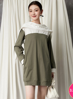 Outlets专柜撤柜正品 YC秋装2025新款撞色拼接短裙套头长袖连衣裙