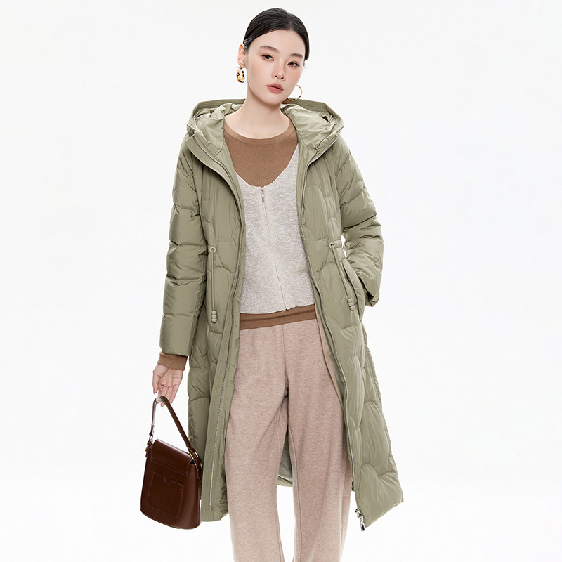 奥莱专柜正品 YR冬装2025新款 抽绳设计修身加长款白鸭绒羽绒服女